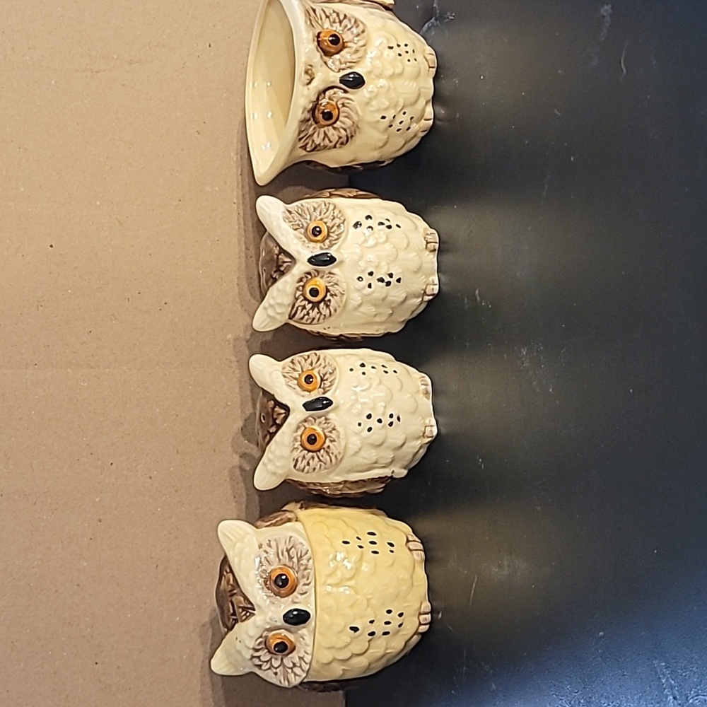 Vintage Owl Creamer, Sugar Jar, Salt & Pepper Shaker Set
